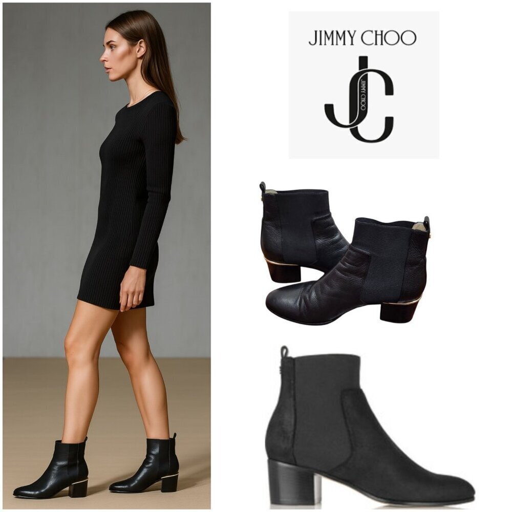 Jimmy Choo Black Leather Chelsea Ankle Boots US10/EU41 Gold Heel Accent Slip-On